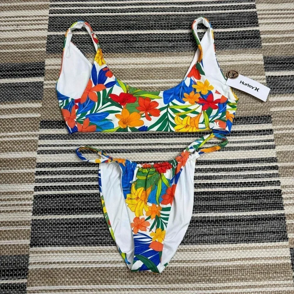 Hurley 2-Piece Swimsuit‎ Beach Botanicical 2-Way Top Cheeky Bottom Multi SIze L